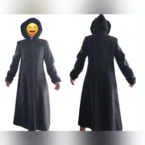 Worthington Long Wool Womens Trench Coat 10 P Rabbit Fur Trim Hooded Gray Vtg